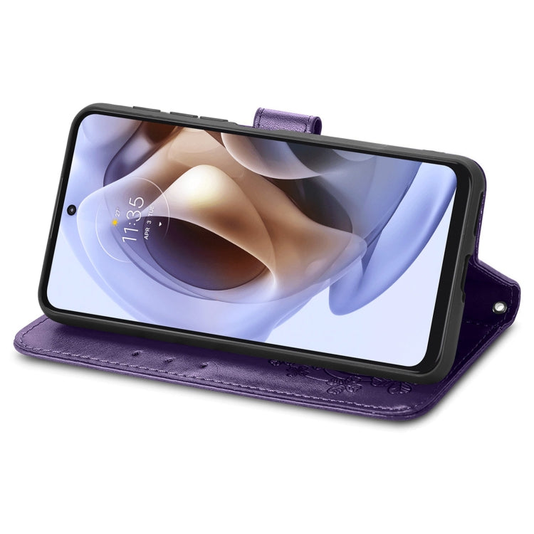 For Motorola Moto G31 Four-leaf Clasp Embossed Buckle Leather Phone Case