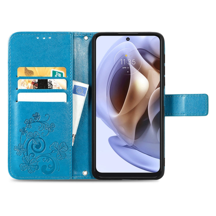 For Motorola Moto G31 Four-leaf Clasp Embossed Buckle Leather Phone Case