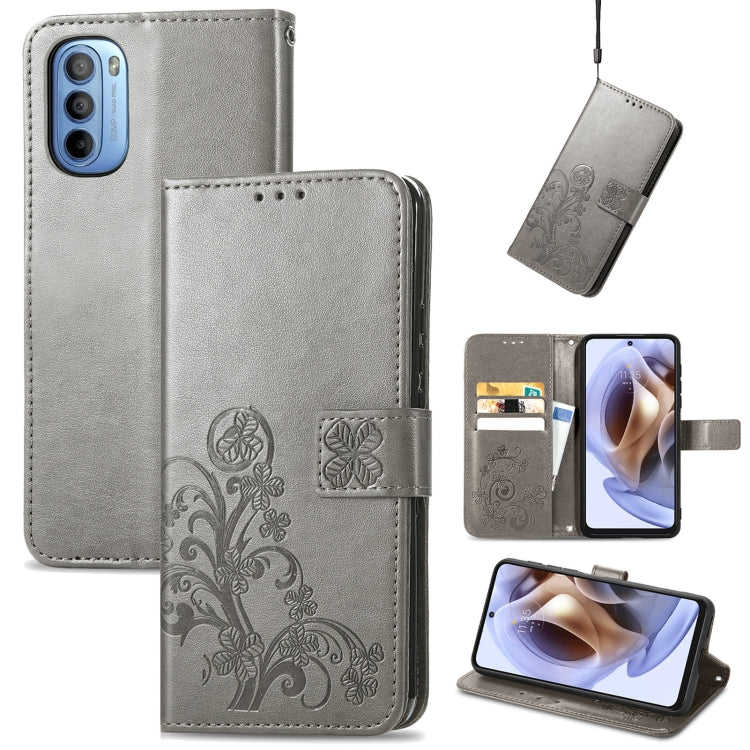 For Motorola Moto G31 Four-leaf Clasp Embossed Buckle Leather Phone Case