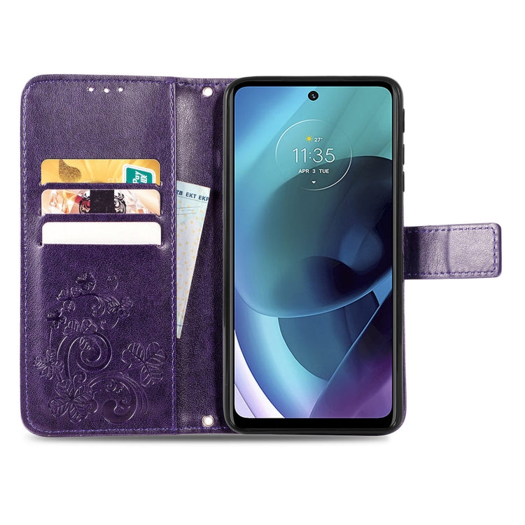 For Motorola Moto G51 5G Four-leaf Clasp Embossed Buckle Leather Phone Case