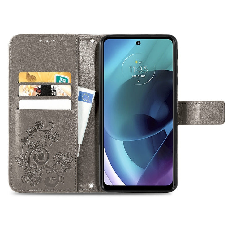 For Motorola Moto G51 5G Four-leaf Clasp Embossed Buckle Leather Phone Case