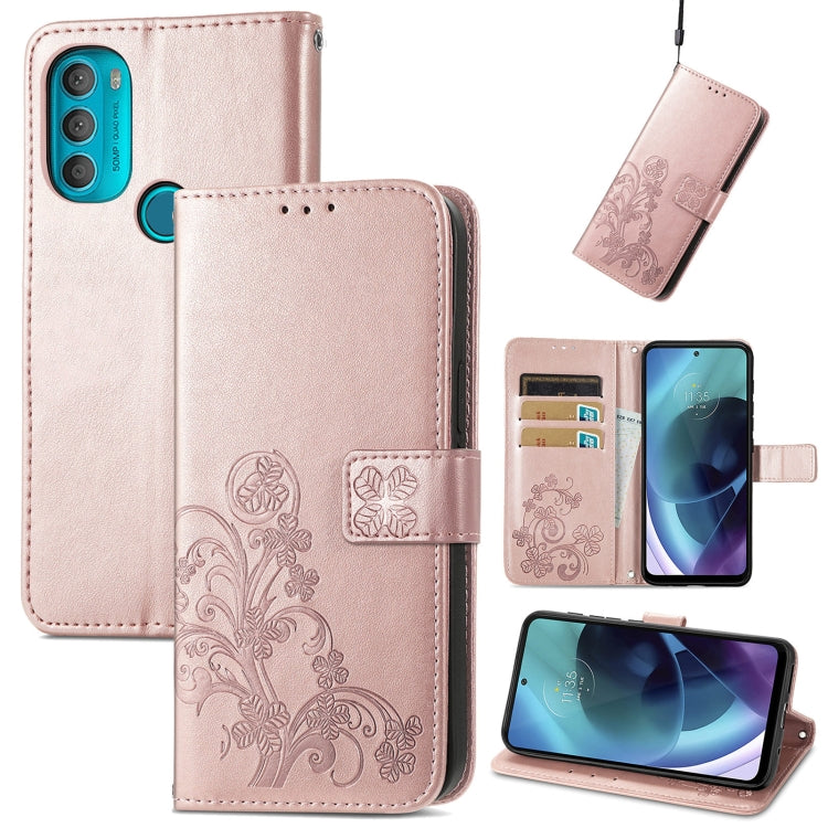 For Motorola Moto G71 5G Four-leaf Clasp Embossed Buckle Leather Phone Case