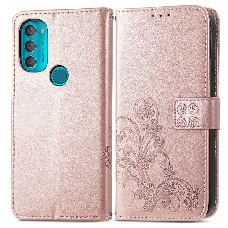 For Motorola Moto G71 5G Four-leaf Clasp Embossed Buckle Leather Phone Case