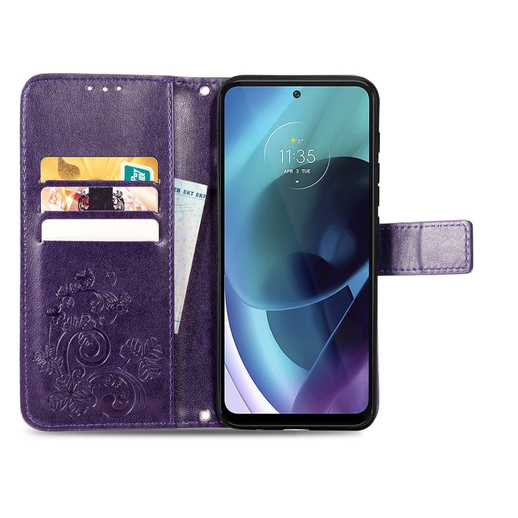 For Motorola Moto G71 5G Four-leaf Clasp Embossed Buckle Leather Phone Case