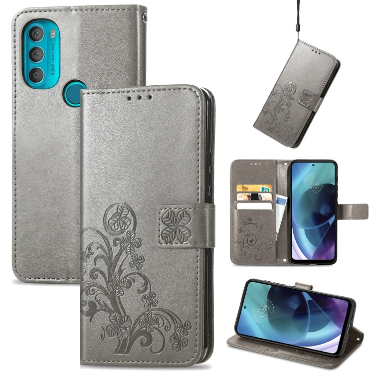 For Motorola Moto G71 5G Four-leaf Clasp Embossed Buckle Leather Phone Case