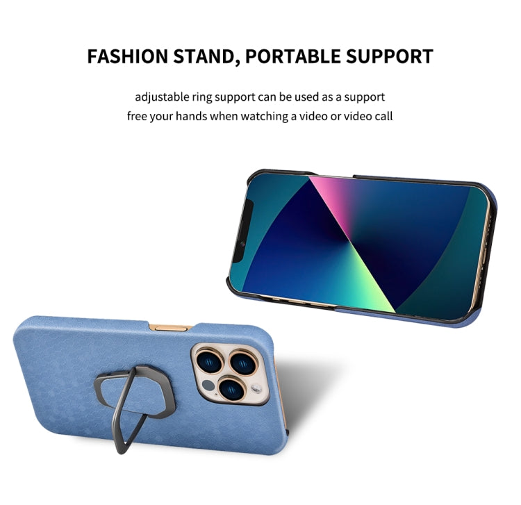 For iPhone 13 mini Ring Holder Honeycomb PU Phone Case