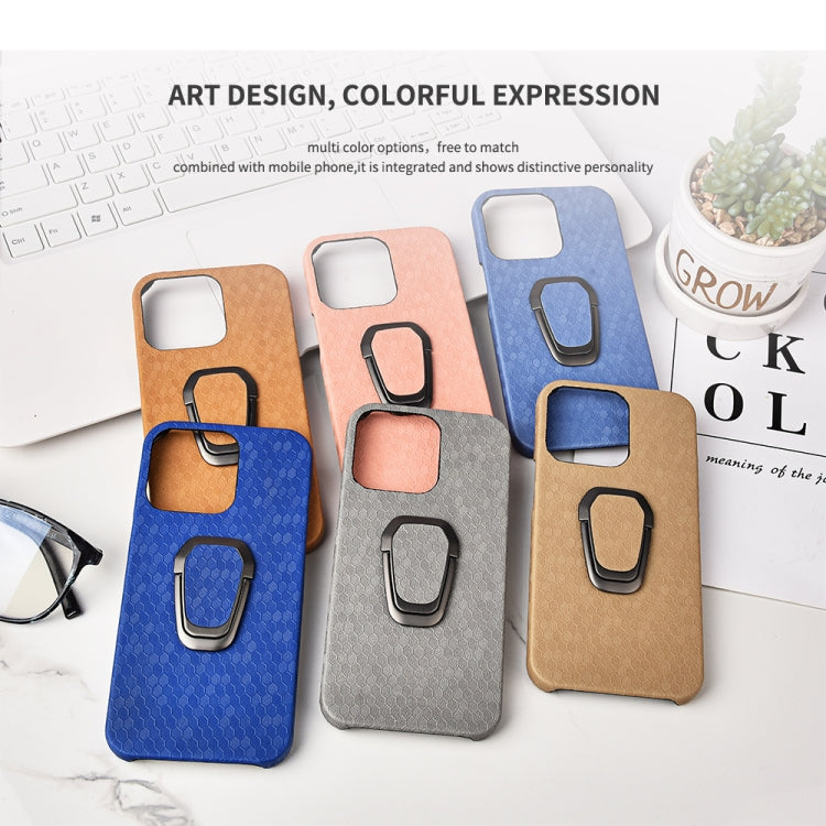 For iPhone 13 mini Ring Holder Honeycomb PU Phone Case