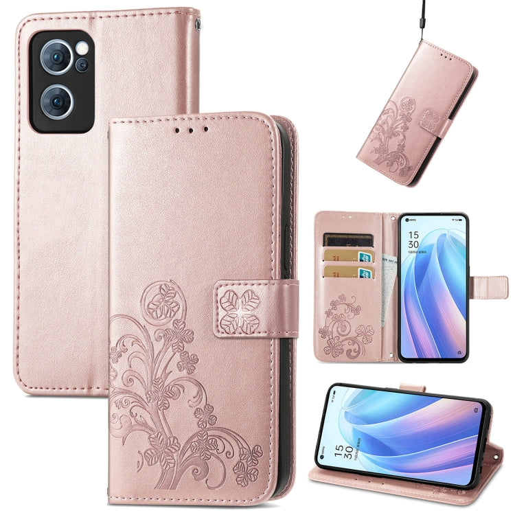 For OPPO Reno7 5G Four-leaf Clasp Embossed Buckle Leather Phone Case