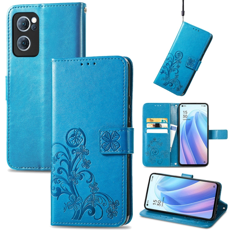 For OPPO Reno7 5G Four-leaf Clasp Embossed Buckle Leather Phone Case