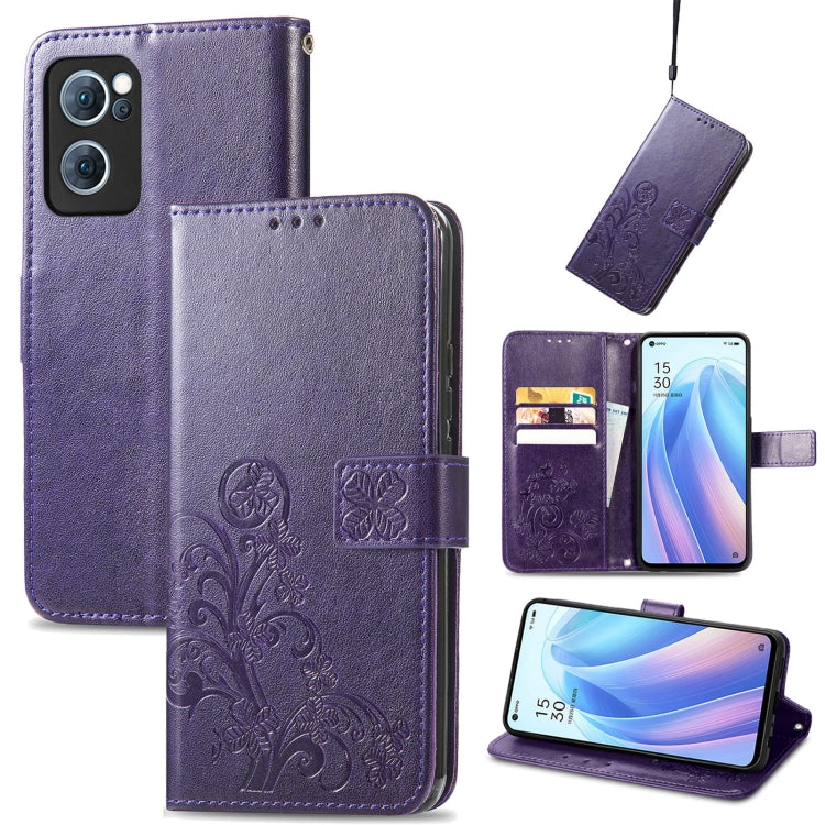 For OPPO Reno7 5G Four-leaf Clasp Embossed Buckle Leather Phone Case