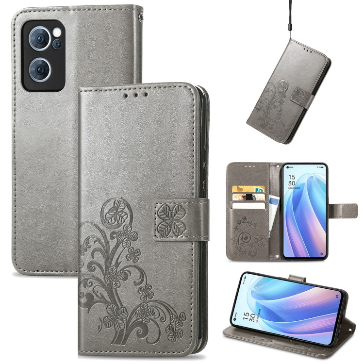 For OPPO Reno7 5G Four-leaf Clasp Embossed Buckle Leather Phone Case