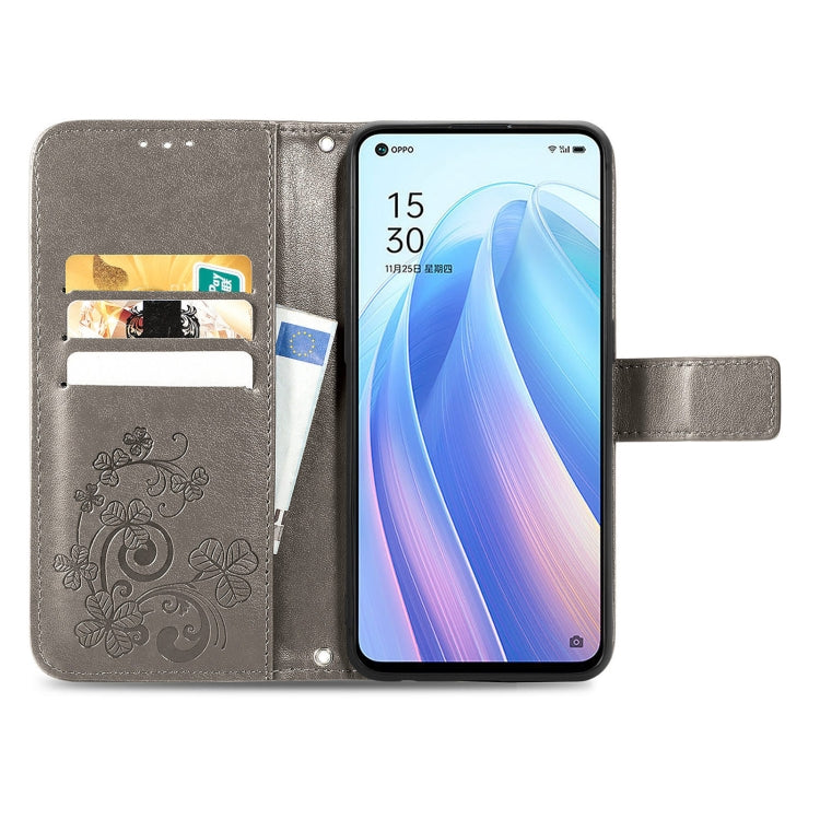 For OPPO Reno7 5G Four-leaf Clasp Embossed Buckle Leather Phone Case