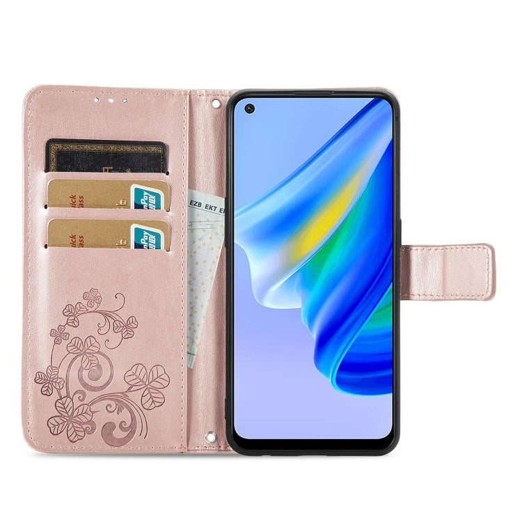For OPPO A95 4G Four-leaf Clasp Embossed Buckle Leather Phone Case