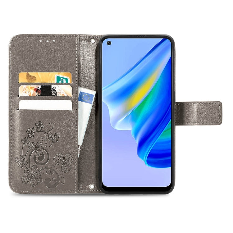 For OPPO A95 4G Four-leaf Clasp Embossed Buckle Leather Phone Case