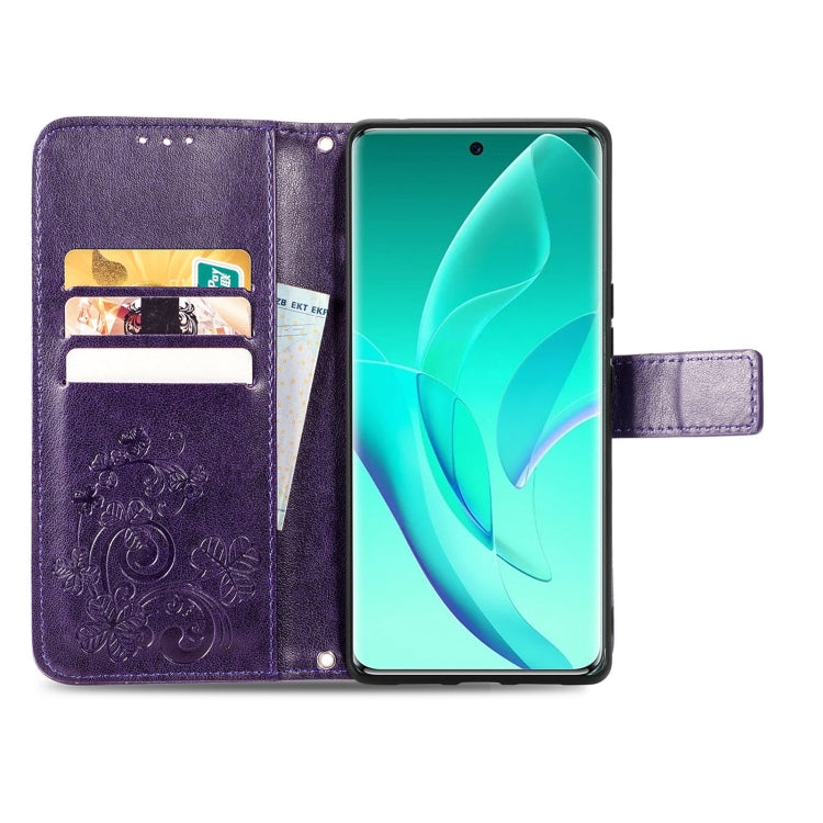 For Honor 60 Pro Four-leaf Clasp Embossed Buckle Leather Phone Case