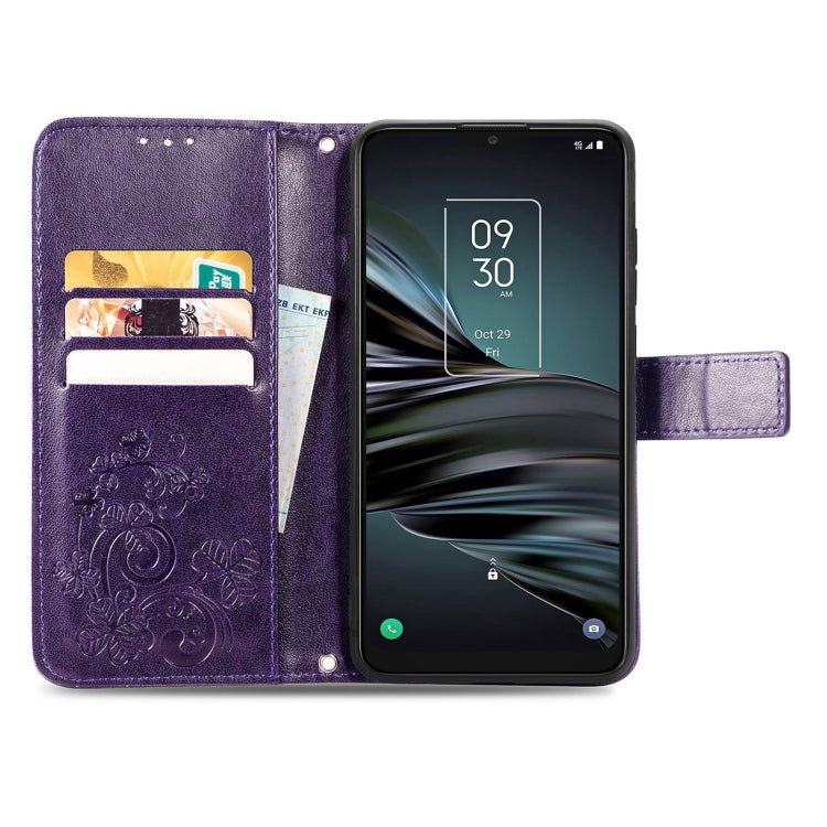 For TCL 20 XE Four-leaf Clasp Embossed Buckle Mobile Phone Leather Case