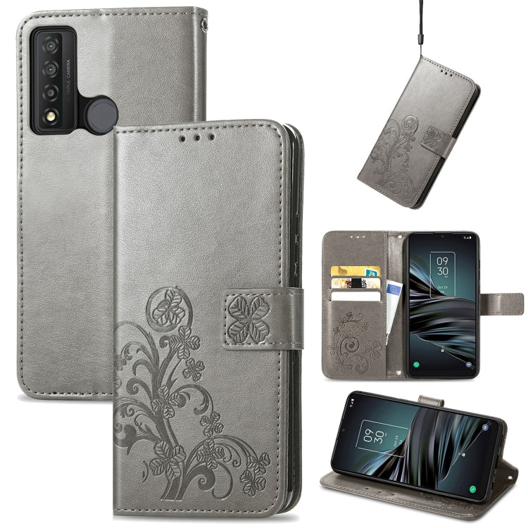 For TCL 20 XE Four-leaf Clasp Embossed Buckle Mobile Phone Leather Case
