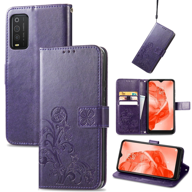 For TCL 205 Four-leaf Clasp Embossed Buckle Mobile Phone Leather Case