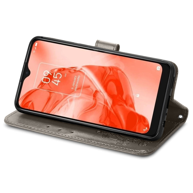 For TCL 205 Four-leaf Clasp Embossed Buckle Mobile Phone Leather Case