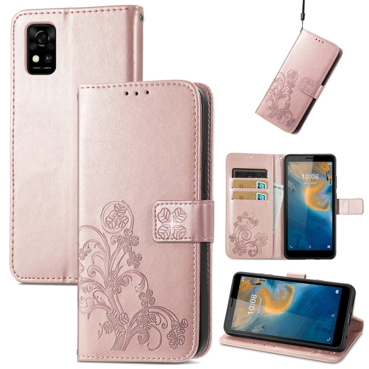 For ZTE Blade A31 Four-leaf Clasp Embossed Buckle Mobile Phone Leather Case