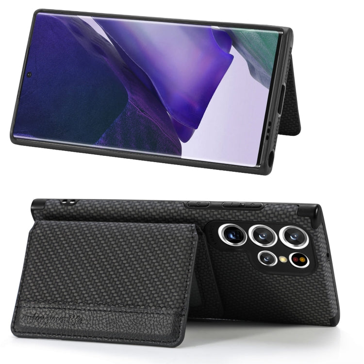 For Samsung Galaxy S22 Ultra 5G Carbon Fiber Magnetic Card Holder TPU+PU Case