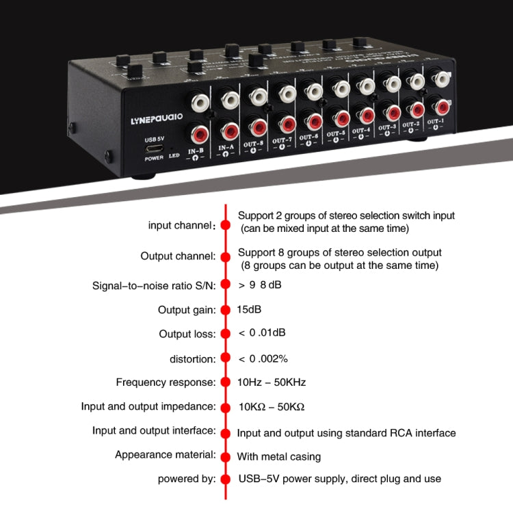 2 In 8 Out RCA Audio Frequency Signal Select Switch Distributor