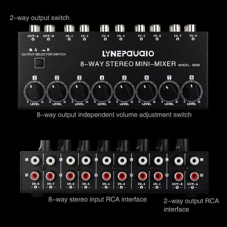 B066 Mini Stereo 8 Channel RCA Non Source Sound Passive Mixer, No Power Supply