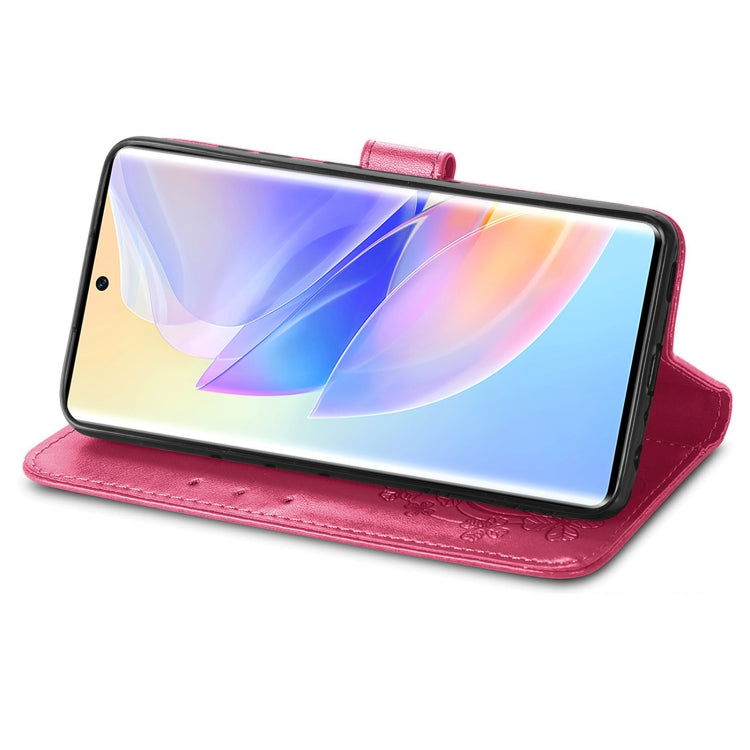 For Honor 60 SE Four-leaf Clasp Embossed Buckle Leather Phone Case