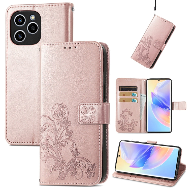 For Honor 60 SE Four-leaf Clasp Embossed Buckle Leather Phone Case