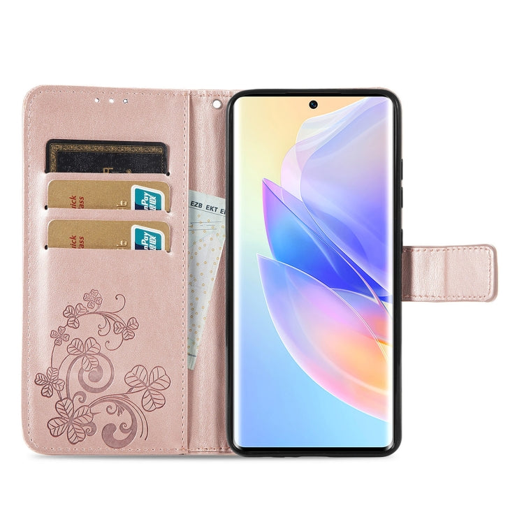 For Honor 60 SE Four-leaf Clasp Embossed Buckle Leather Phone Case