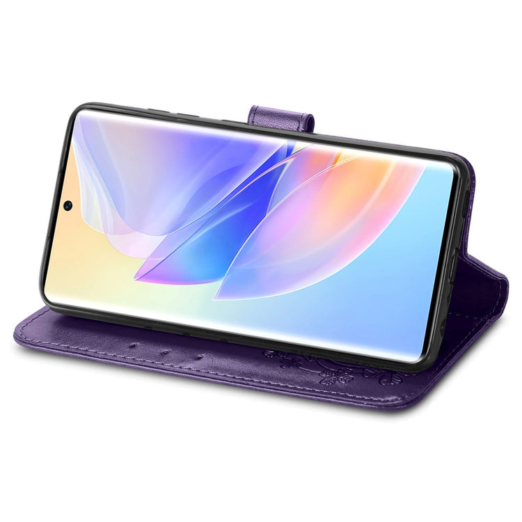 For Honor 60 SE Four-leaf Clasp Embossed Buckle Leather Phone Case