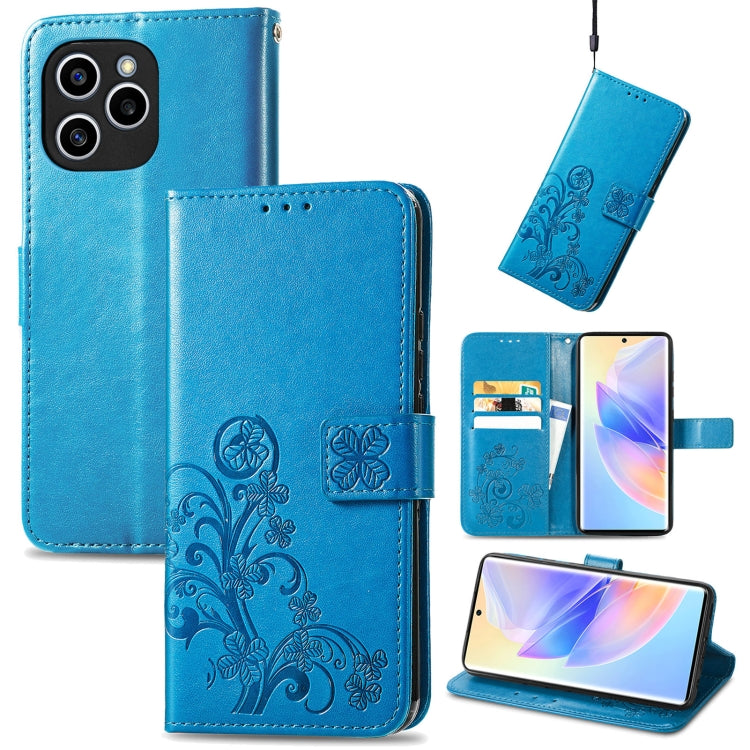 For Honor 60 SE Four-leaf Clasp Embossed Buckle Leather Phone Case