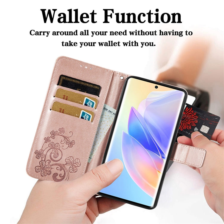 For Honor 60 SE Four-leaf Clasp Embossed Buckle Leather Phone Case