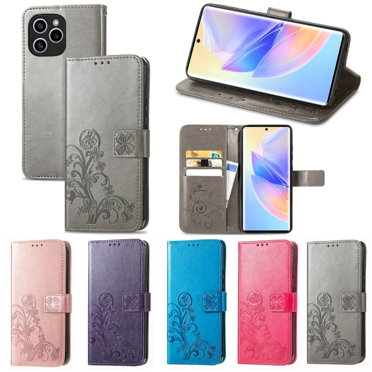 For Honor 60 SE Four-leaf Clasp Embossed Buckle Leather Phone Case