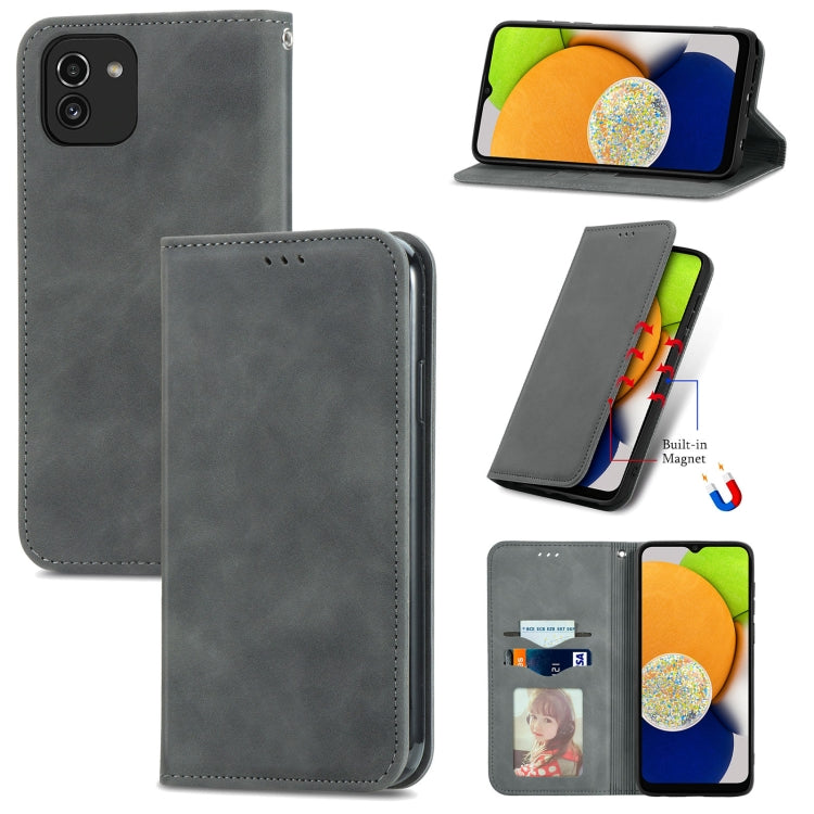 For Samsung Galaxy A03 EU 166mm Retro Skin Feel Magnetic Horizontal Flip Leather Phone Case