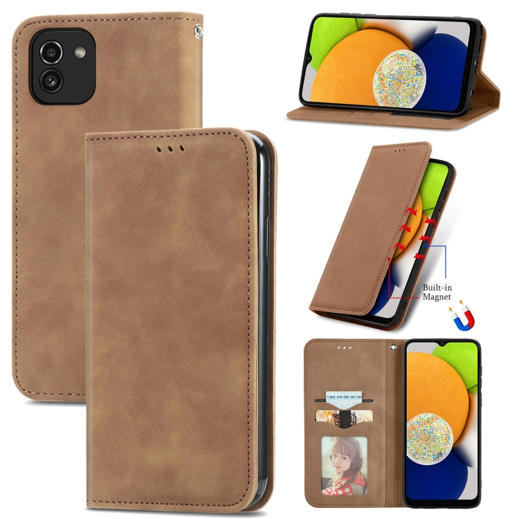 For Samsung Galaxy A03 EU 166mm Retro Skin Feel Magnetic Horizontal Flip Leather Phone Case