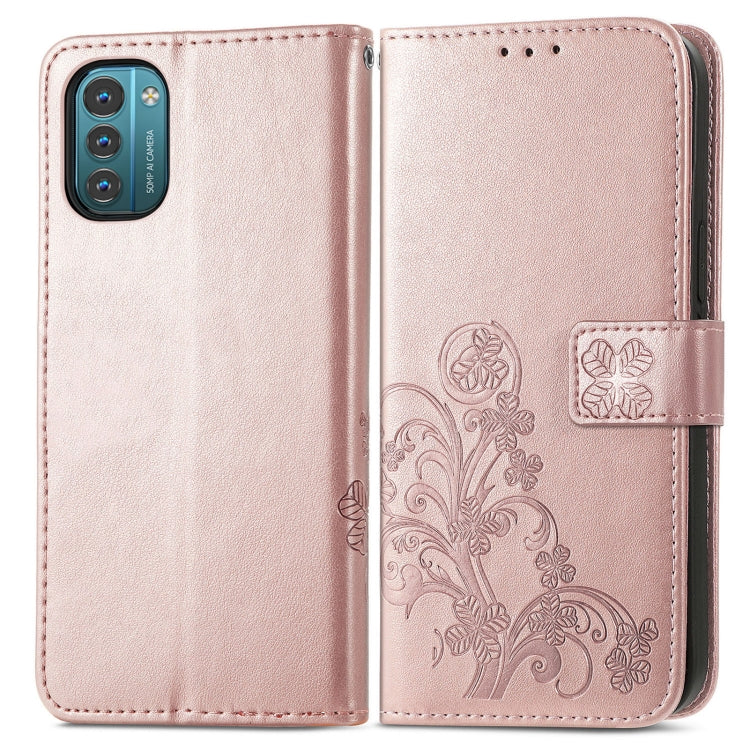 For Nokia G21 Four-leaf Clasp Embossed Buckle Leather Phone Case