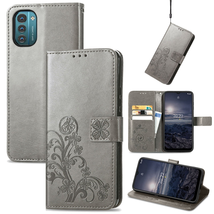 For Nokia G21 Four-leaf Clasp Embossed Buckle Leather Phone Case