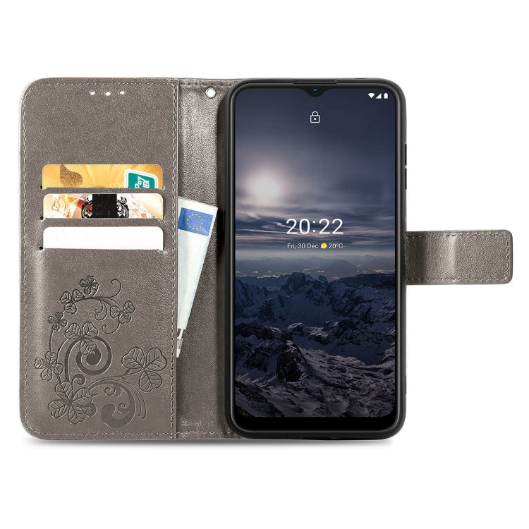 For Nokia G21 Four-leaf Clasp Embossed Buckle Leather Phone Case