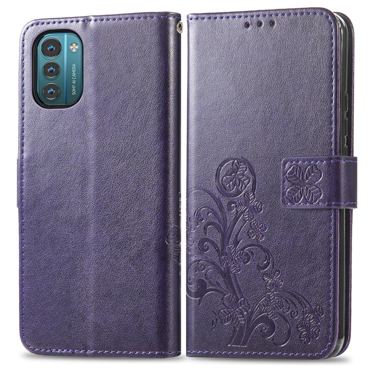 For Nokia G21 Four-leaf Clasp Embossed Buckle Leather Phone Case