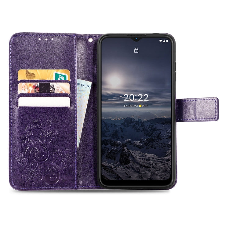 For Nokia G21 Four-leaf Clasp Embossed Buckle Leather Phone Case