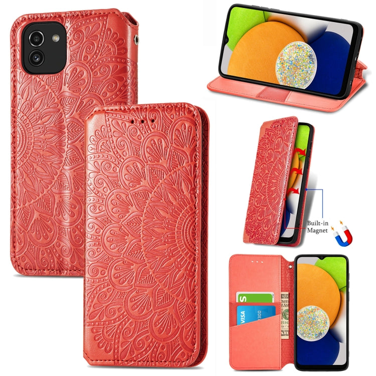 For Samsung Galaxy A03 Blooming Mandala Embossed Magnetic Leather Phone Case