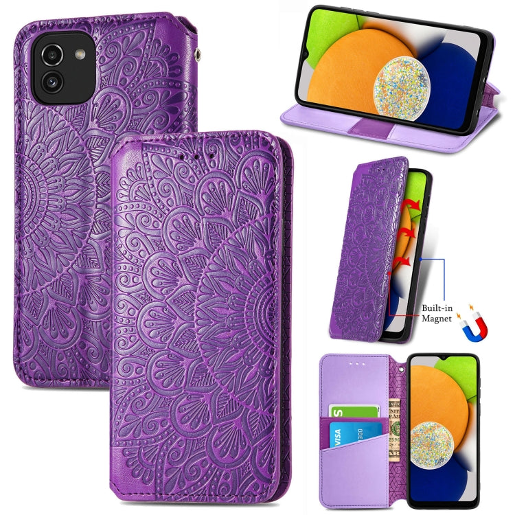 For Samsung Galaxy A03 Blooming Mandala Embossed Magnetic Leather Phone Case
