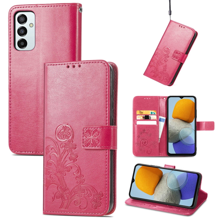 For Samsung Galaxy M23 Four-leaf Clasp Embossed Buckle Leather Phone Case