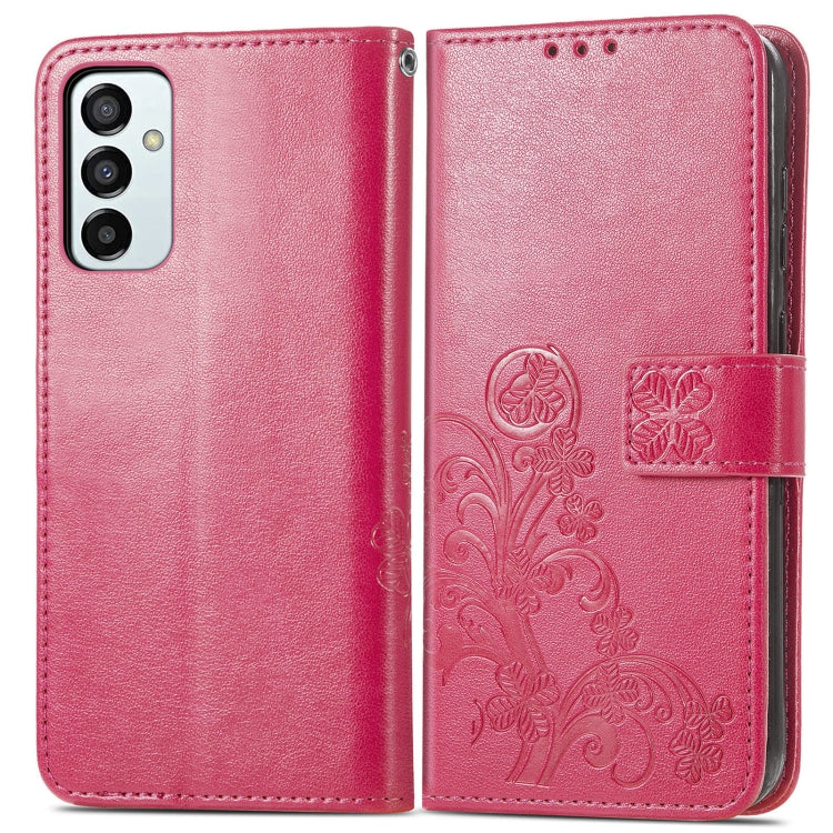 For Samsung Galaxy M23 Four-leaf Clasp Embossed Buckle Leather Phone Case