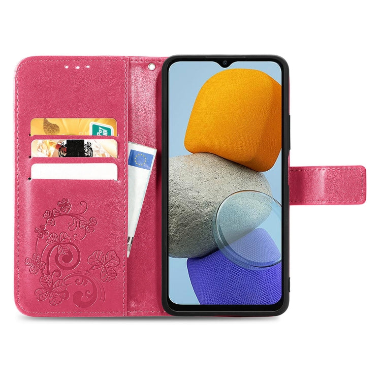 For Samsung Galaxy M23 Four-leaf Clasp Embossed Buckle Leather Phone Case