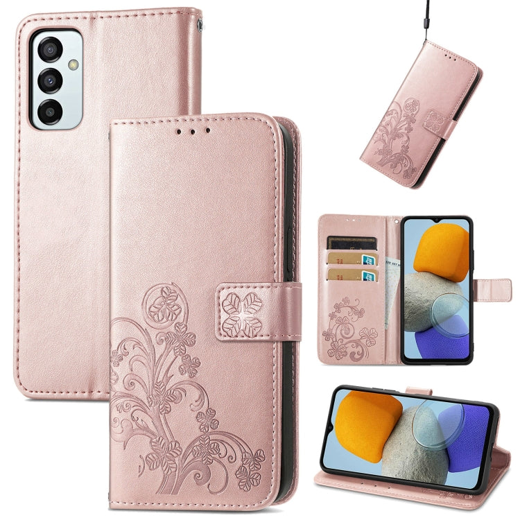 For Samsung Galaxy M23 Four-leaf Clasp Embossed Buckle Leather Phone Case