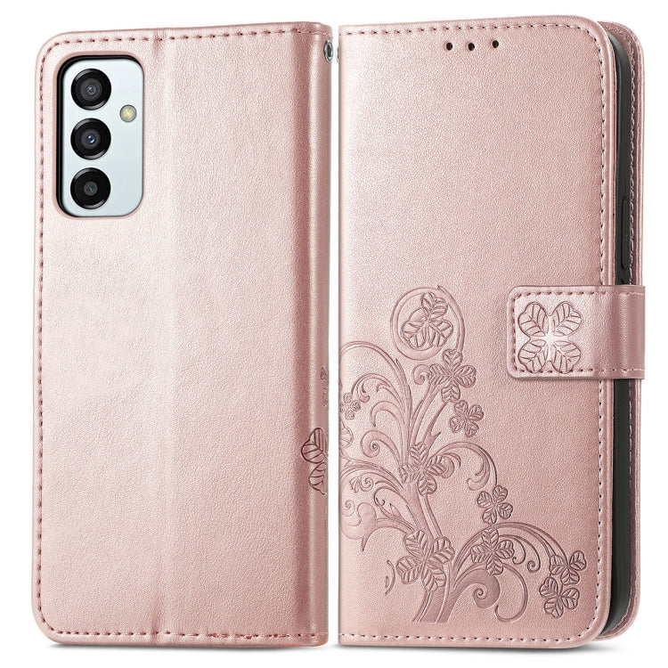 For Samsung Galaxy M23 Four-leaf Clasp Embossed Buckle Leather Phone Case