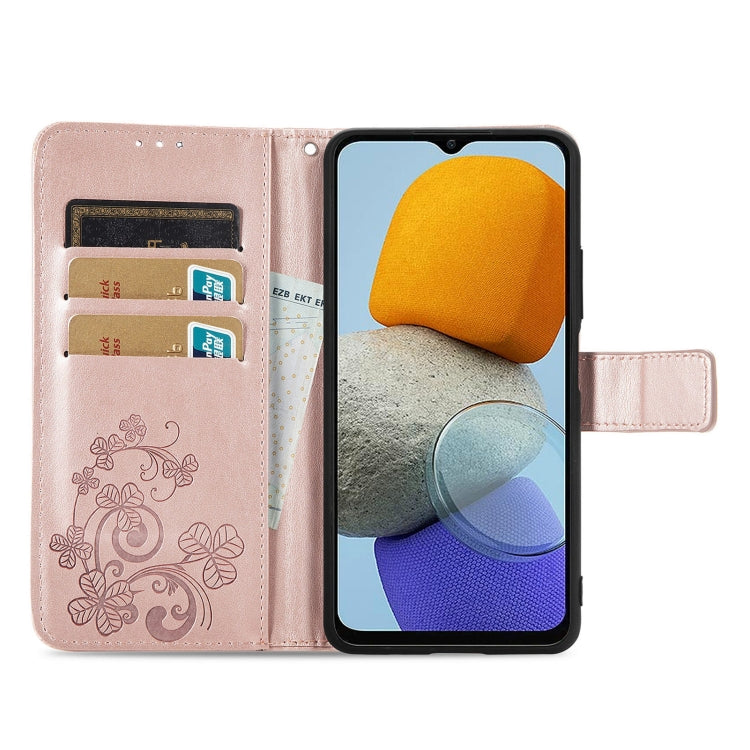 For Samsung Galaxy M23 Four-leaf Clasp Embossed Buckle Leather Phone Case