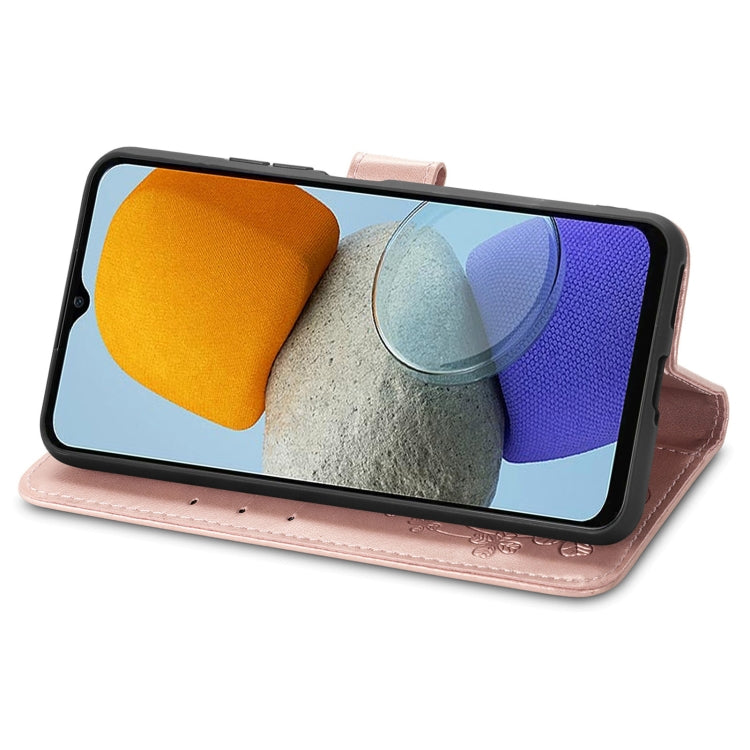 For Samsung Galaxy M23 Four-leaf Clasp Embossed Buckle Leather Phone Case